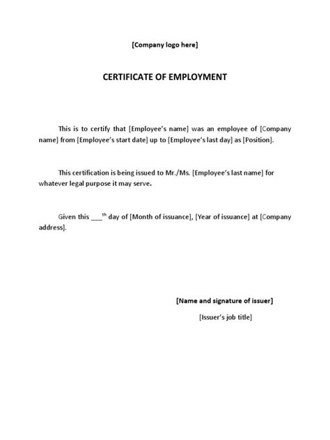 Certificate of Employment COE Template .